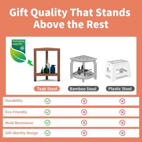 Teak Corner Shower Stool for Shaving Legs and Storage Shelf