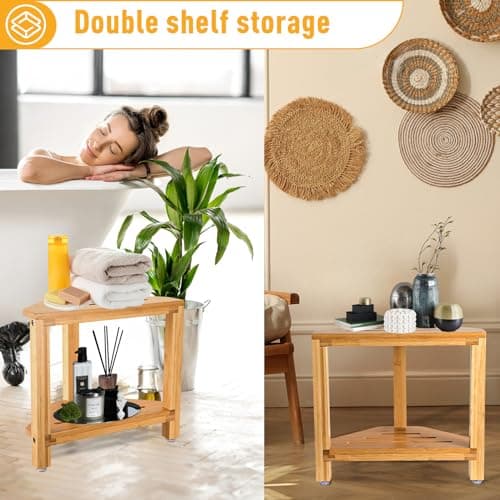IBosins Corner Shower Stool - Bamboo Wood Shower Bench with Storage for Shaving Legs