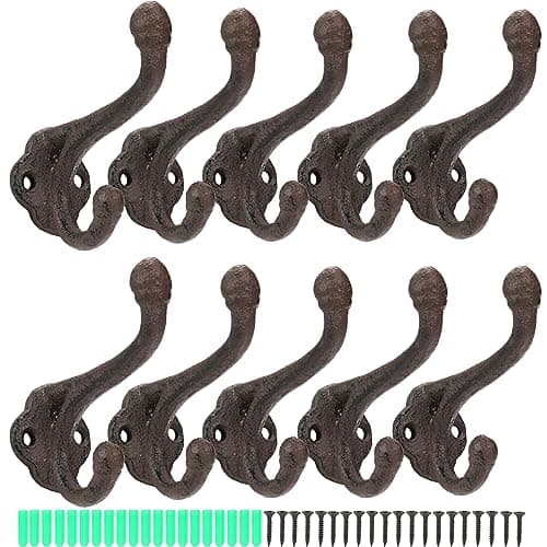 10 Pack Peohud Rustic Cast Iron Coat Hooks, Heavy Duty Wall Mounted Hangers