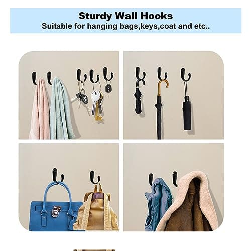Kruodop 10-Pack Heavy-Duty Wall Hooks for Coats, Handbags, and Towels - Black Metal Hangers with Screws