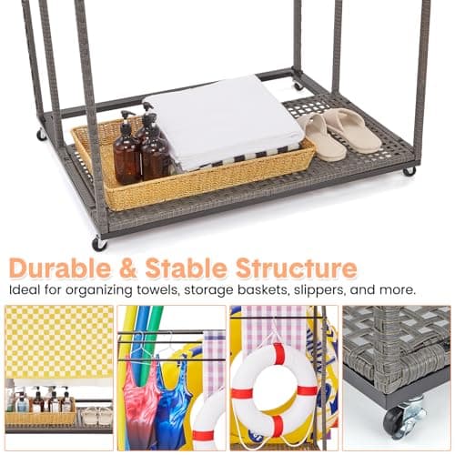 GAOMON Rattan Base 5-Bar Pool Towel Rack, Outdoor Storage Organizer
