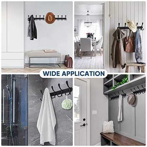 Wall Mounted Coat Rack with Five Tri Hooks (2-Pack) - Matte Black, Heavy Duty Metal Construction for Mudroom Entryway