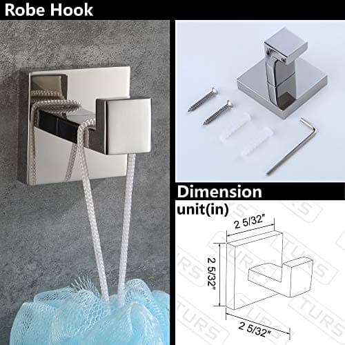 Modern Bathroom Accessories Set: Stainless Steel Toilet Paper Holder, Towel Bar, Robe Hook - Polished Finish (Q7010P)