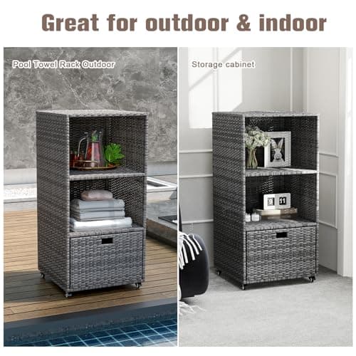 Kinbor PE Rattan Outdoor Pool Towel Storage Cabinet with Shelves & Drawer