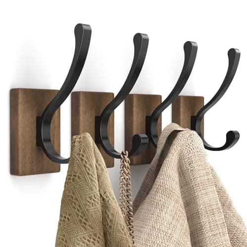 4 Pack Wood Wall Hooks for Coats, Hats, Keys & Towels — Rectangle