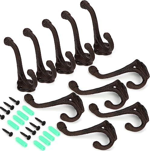 10 Pack Peohud Rustic Cast Iron Coat Hooks, Heavy Duty Wall Mounted Hangers