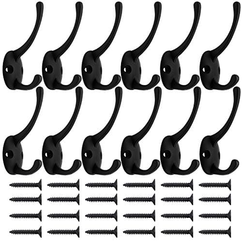 12 Pack Black Coat Hooks Wall Mounted with Screws - Retro Double Hooks for Various Items