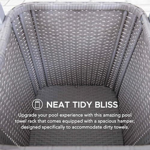 Sunjoy Aluminum Frame Pool Towel Valet with 2-Tier Shelves & Large Wicker Storage Basket, Grey