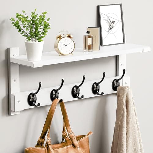 Wall Hooks with Shelf Coat Rack, Wall Mount Hanging for Entryway, Living Room, Bathroom — White