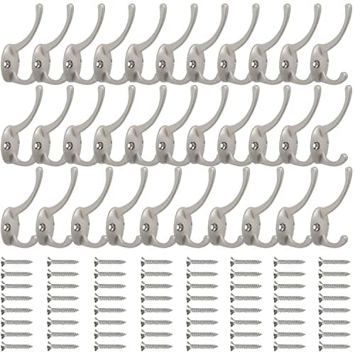32 Pack Silver Coat Hooks Wall Mounted for Coats, Scarves, Bags, Towels, Keys, Hats - Retro Double Hooks with Screws