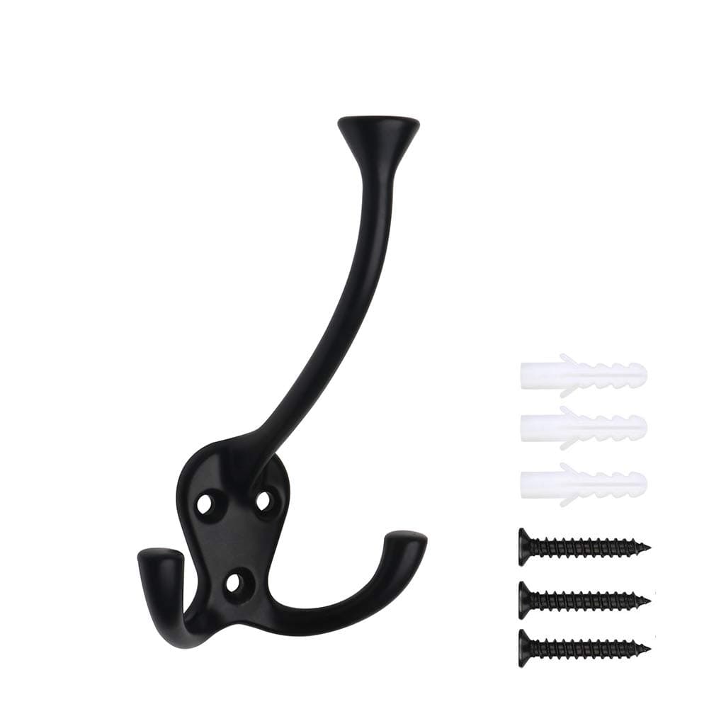 HARPOON 5 Pack Heavy Duty Three Flared Prongs Coat Hooks, Black