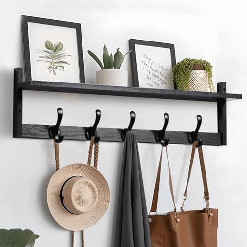 Tatub 29'' Rustic Brown Coat Rack with 5 Hooks & Shelf — Black