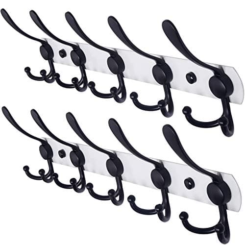 Wall Mounted Coat Rack with 5 Tri Hooks - Stainless Steel, Heavy Duty (Black, 2 Packs) — White/Black
