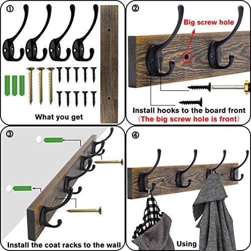IBosins Brown Rustic Metal Wood Wall Mount Coat Rack (4 Hooks)