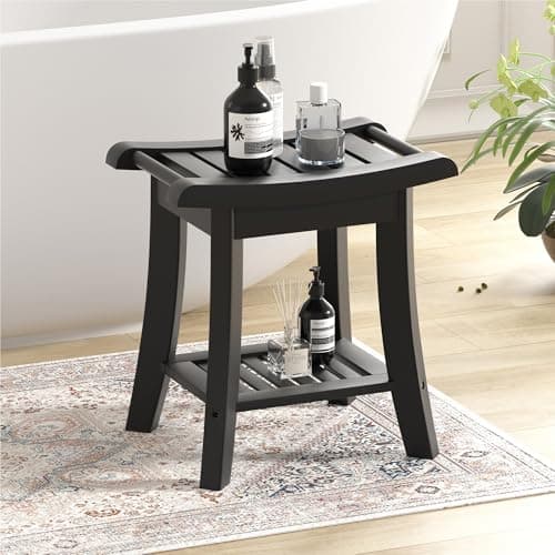 Black Bamboo Shower Bench Stool with Storage for Small Spaces