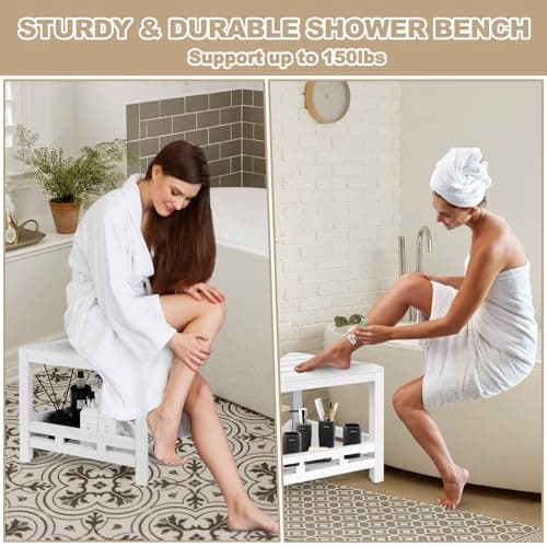 Waterproof White Bamboo Shower Stool with Leg Shaving Storage (13.5 in)