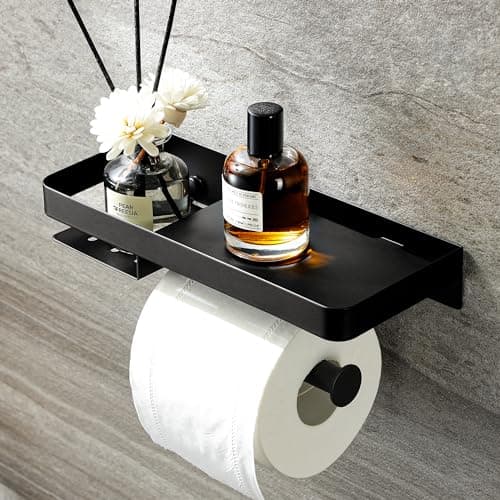 YIGII Stainless Steel Brushed Self-Adhesive Toilet Paper Holder — Black With Shelf