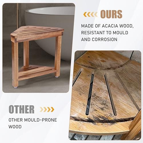 Corner Shower Foot Rest for Shaving Legs - Waterproof Acacia Wood Stool with Storage Shelf (14in)
