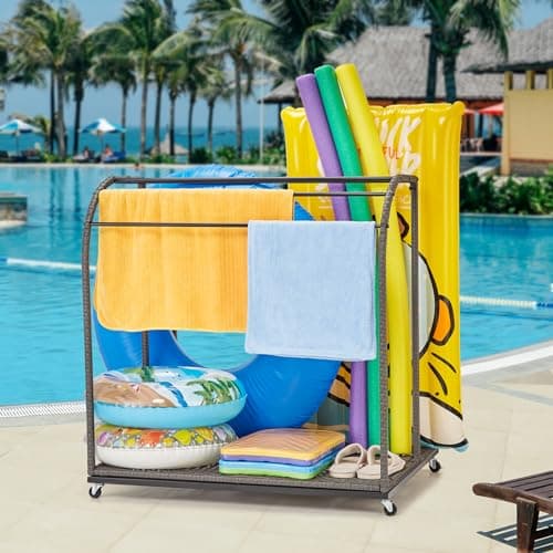 Outdoor Pool Towel Rack with Rattan Base & 5 Towel Bars
