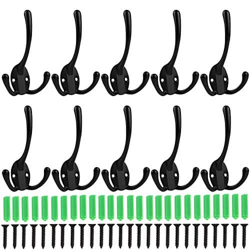 10 Pack Retro Double Utility Coat Hooks for Bath Kitchen Garage (3 Prongs, 50 Screws Included)
