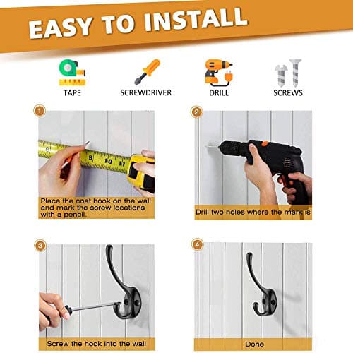 10 Pack Heavy Duty Dual Coat Hooks - Wall Mount with 40 Screws