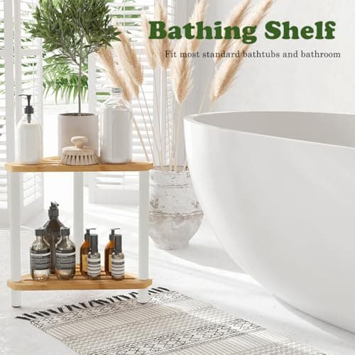 Bamboo Corner Shower Stool with White Metal Legs, Waterproof Storage Shelf