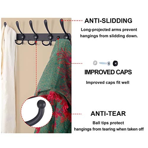 Wall Mounted Coat Rack with 5 Tri Hooks - Stainless Steel, Heavy Duty (Black, 2 Packs)