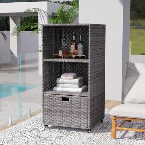 Kinbor PE Rattan Outdoor Pool Towel Storage Cabinet with Shelves & Drawer