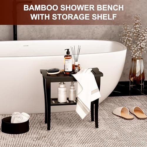 Bamboo Waterproof Shower Bench Stool with Storage, Ideal for Adults & Seniors Indoors or Outdoors