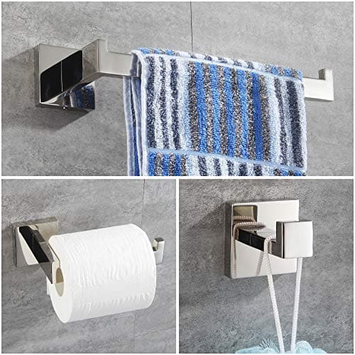 Modern Bathroom Accessories Set: Stainless Steel Toilet Paper Holder, Towel Bar, Robe Hook - Polished Finish (Q7010P)