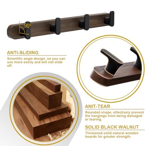 Solid Walnut Wall Mount Coat Rack with 4 Heavy Duty Hooks