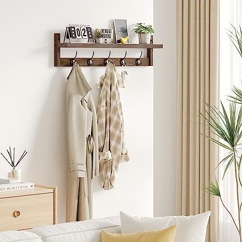 Ambird Brown Wall-Mounted Coat Rack with 5 Hooks and Shelf