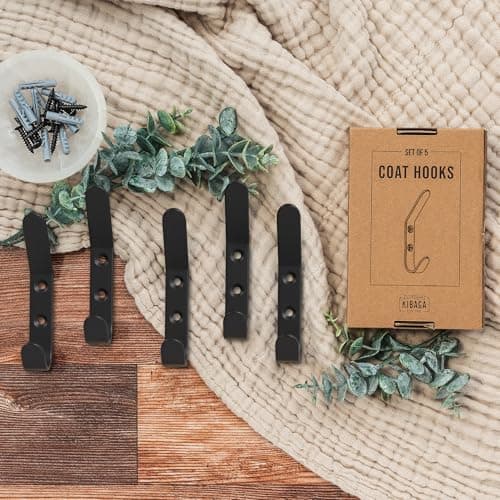 Stylish Black Metal Coat Hooks for Wall - Set of 5 | Modern Decor for Jackets, Towels & Hats