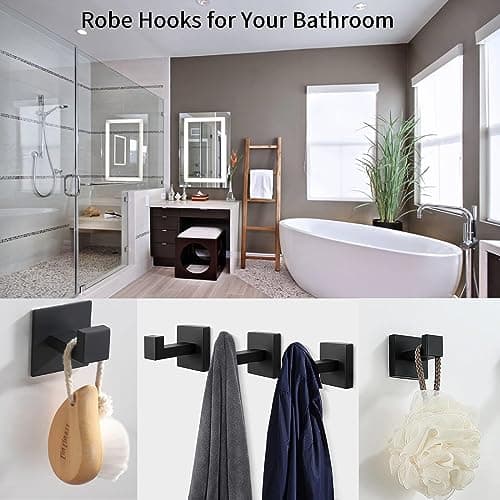 Kruodop Black Matte Square Stainless Steel Towel Hooks, 4 PCS Wall Mount for Bathroom, Kitchen, Bedroom