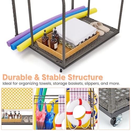 Outdoor Pool Towel Rack with Rattan Base & 5 Towel Bars