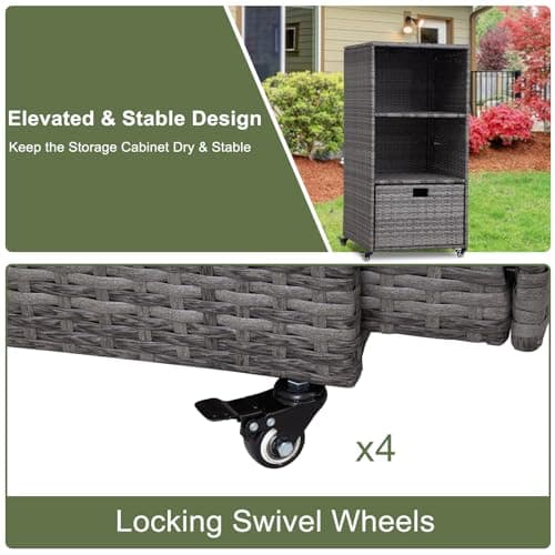 Kinfant Waterproof PE Rattan Towel Rack with Rolling Wheels, 2 Shelves, 1 Drawer, for Pool Patio