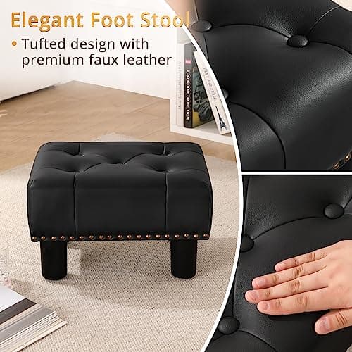 LUE BONA Black Rivet Faux Leather Foot Stool, 9" H, for Adults, Living Room Couch