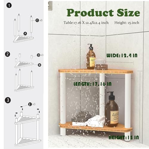 Bamboo Corner Shower Stool with White Metal Legs, Waterproof Storage Shelf
