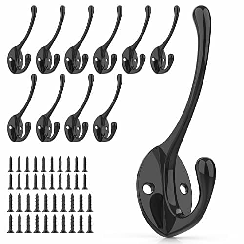 12PCS Heavy Duty Double Prong Hooks with 24 Screws for Home and Kitchen — 10PCS Black Long Hooks