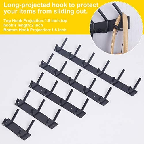 WEBI Heavy Duty 6 Double Coat Hooks Wall Rack, Black, 2 Packs