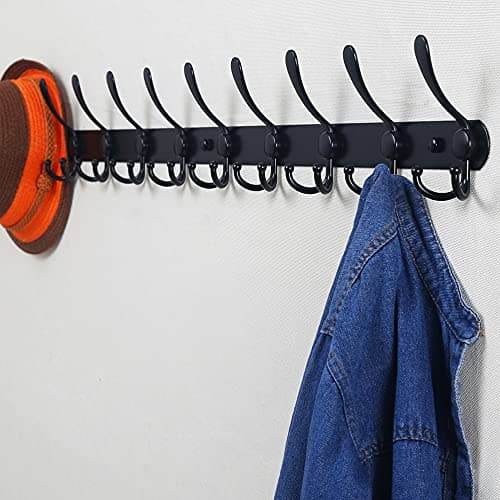 Black 10-Tri-Hook Heavy Duty Coat Rack for Wall Mount