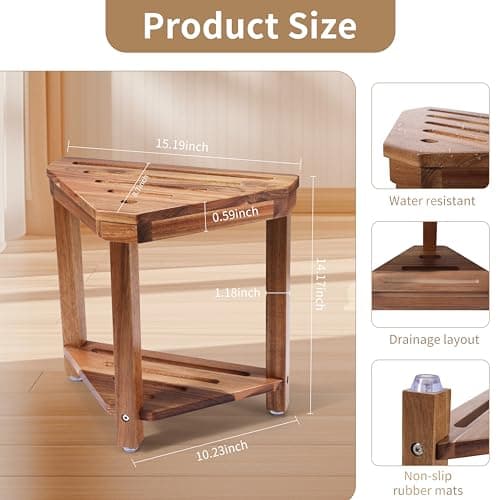 Corner Shower Foot Rest for Shaving Legs - Waterproof Acacia Wood Stool with Storage Shelf (14in)