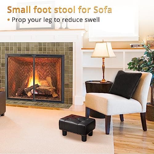 LUE BONA Black Rivet Faux Leather Foot Stool, 9" H, for Adults, Living Room Couch