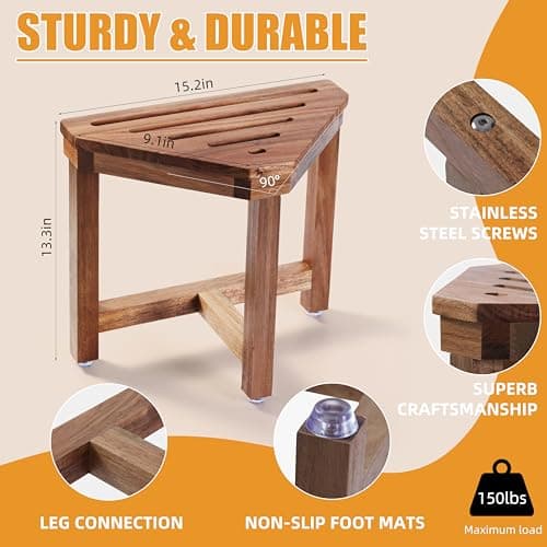 Acacia Wood Shower Stool for Leg Shaving, 13.3 in Corner Foot Rest-Safe & Non-Slip
