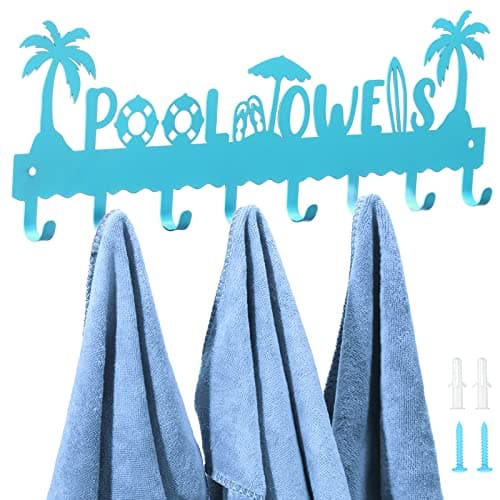 Black Metal Wall Hook Rack with 8 Hooks for Pool Towels and More — Blue