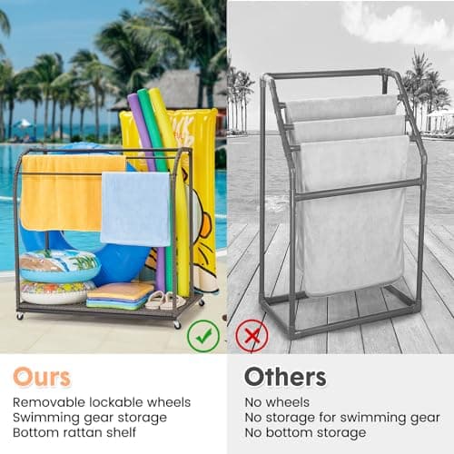 Outdoor Pool Towel Rack with Rattan Base & 5 Towel Bars