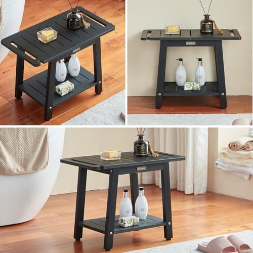 HDPS Waterproof Shower Bench Seat with Handles & Holder, Black Non-Slip Foot Rest