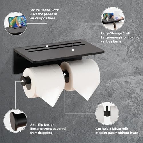 Rustproof Black 3M Adhesive Toilet Paper Holder with Phone Shelf
