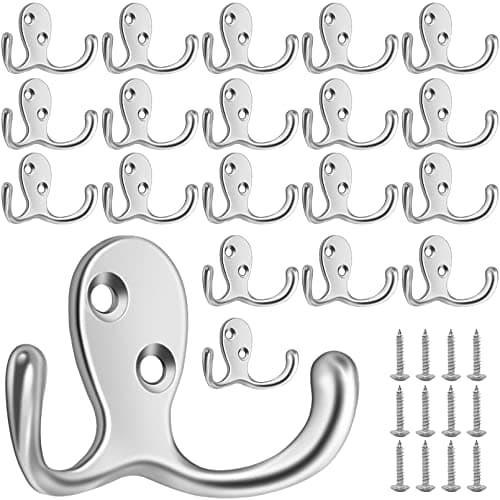 20 Pcs Heavy Duty Double Prong Coat Hooks with Screws for Bathroom Kitchen Entryway (Black) — Silvery-20pcs