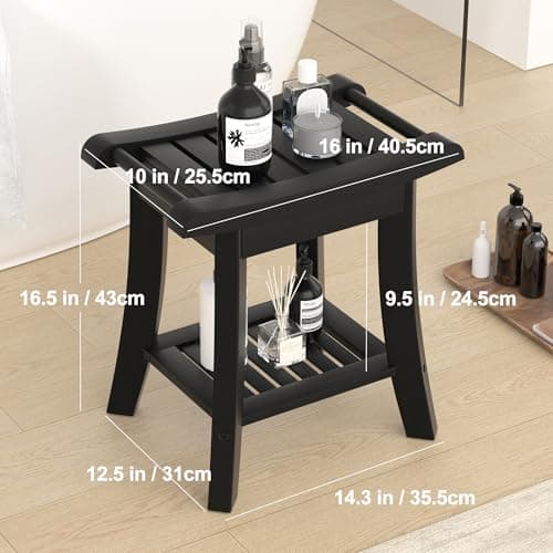 Black Bamboo Shower Bench Stool with Storage for Small Spaces